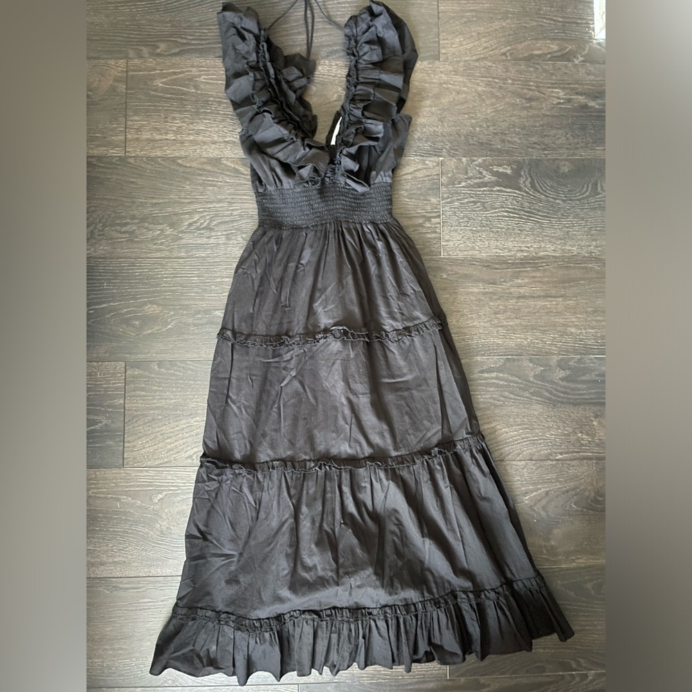 House Of Harlow Black Ruffle Tiered Maxi Smocked Dress